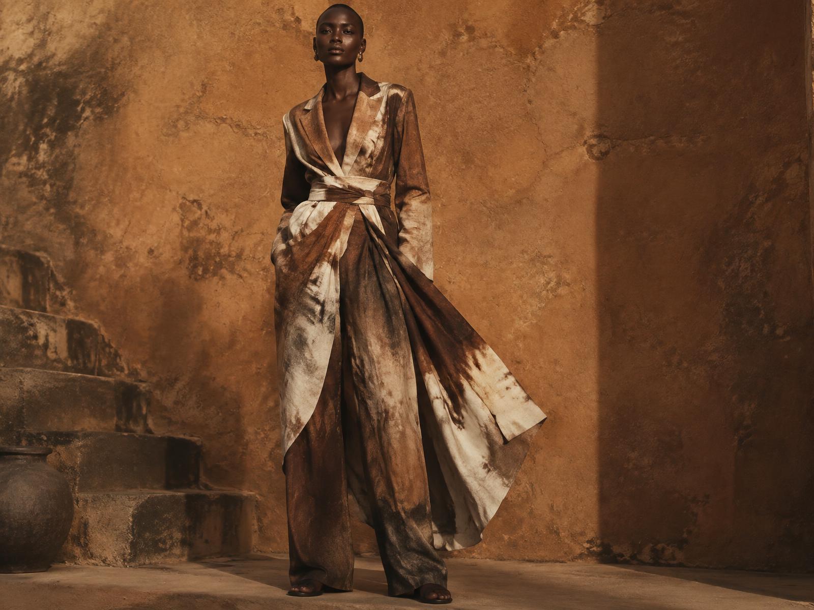 Model wearing a hand-dyed Vhangona Atelier ensemble